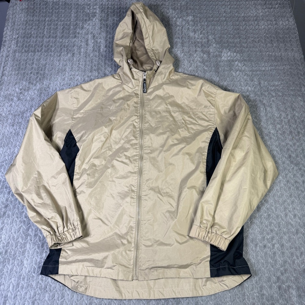 Kenpo Mens Windbreaker Jacket Large Tan Black Hooded Mesh Lined Full Zip Coat
